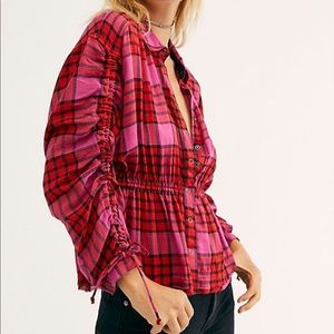FREE PEOPLE PACIFIC DAWN DRAWSTRING PLAID SHIRT XS